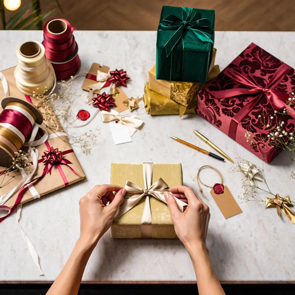 Professional gift wrapping service with elegant ribbons and decorative elements