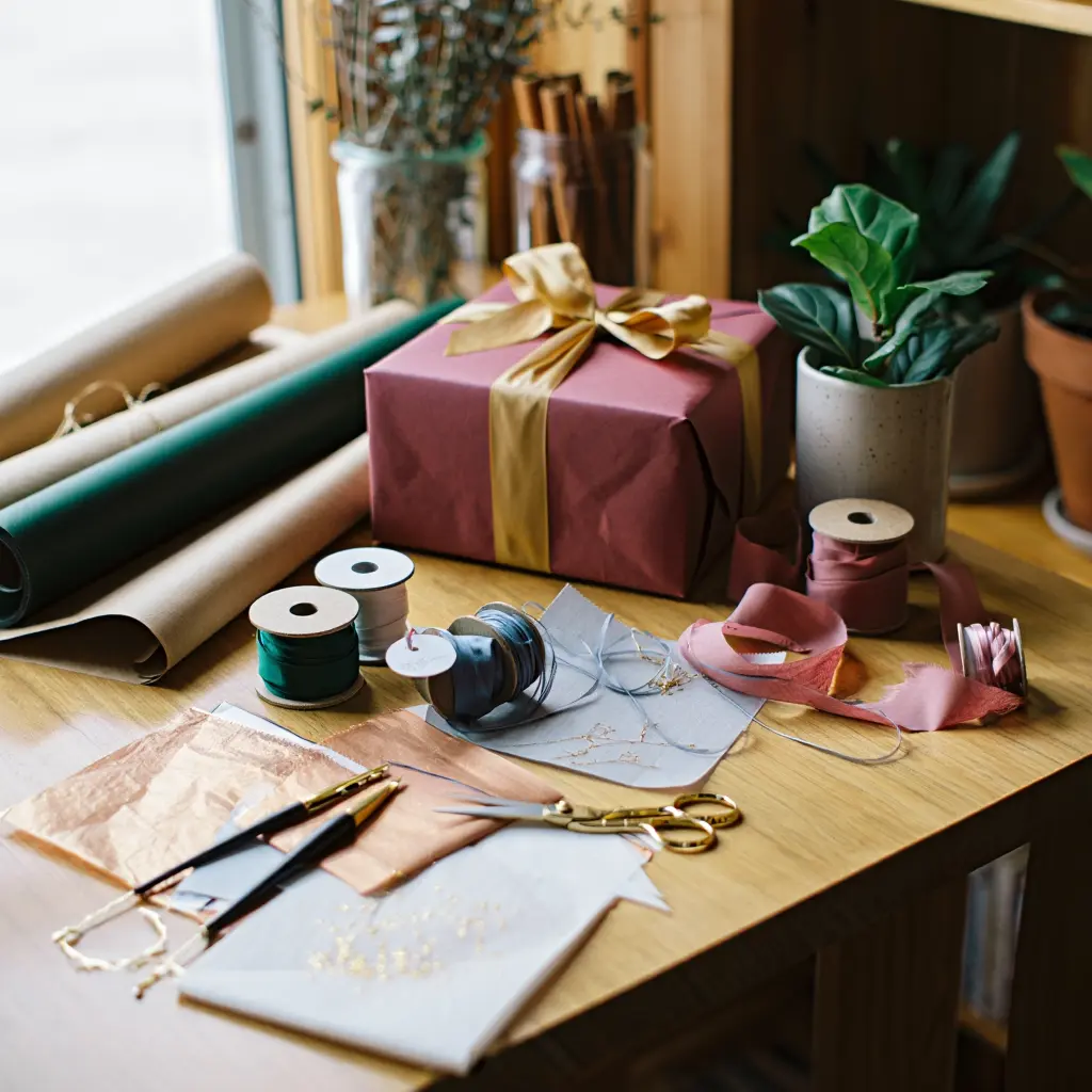 Gift wrapping workshop with premium materials and ribbons